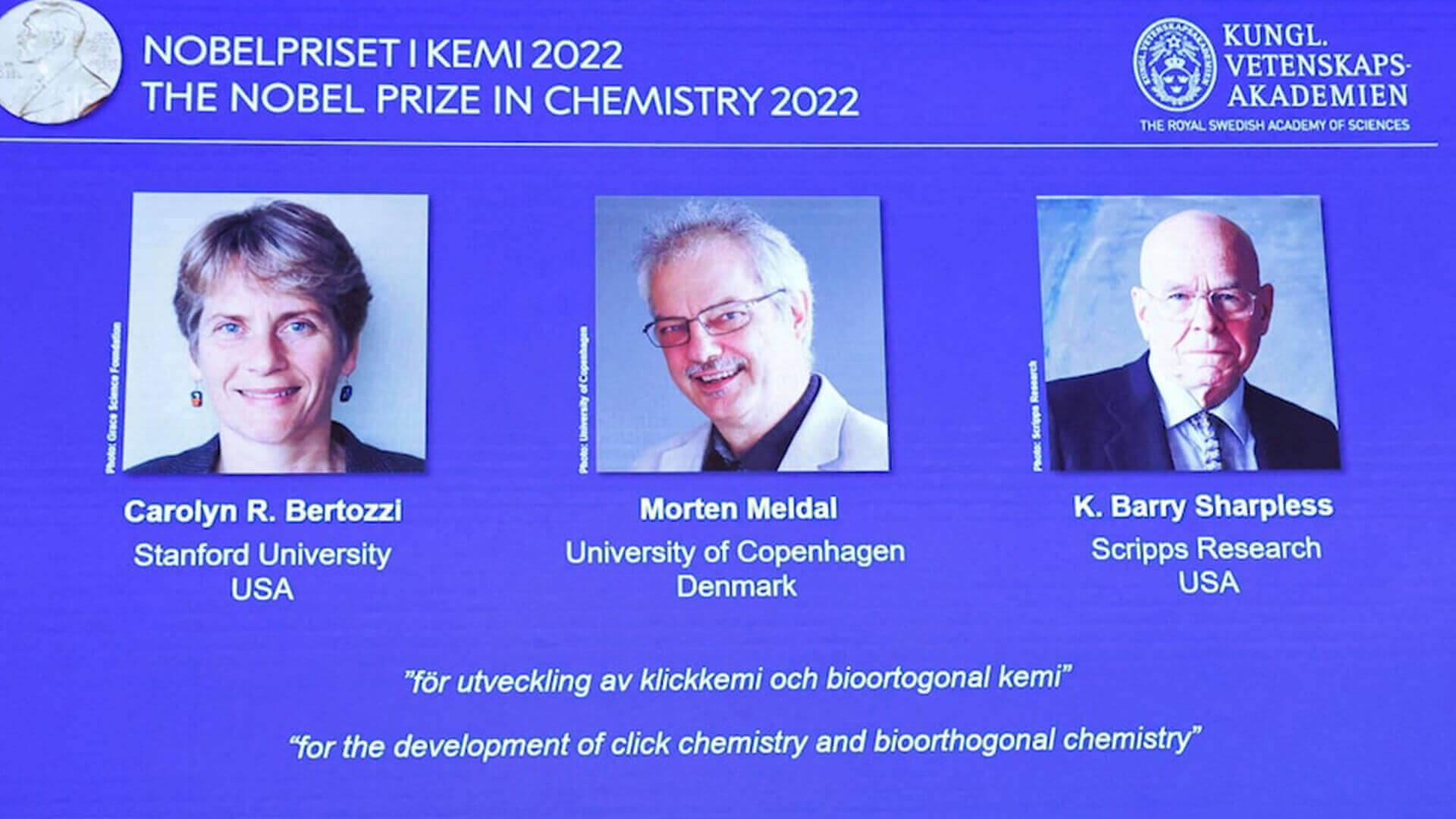 Nobel Prize awarded to three scientists for work in click chemistry, which links molecules quickly